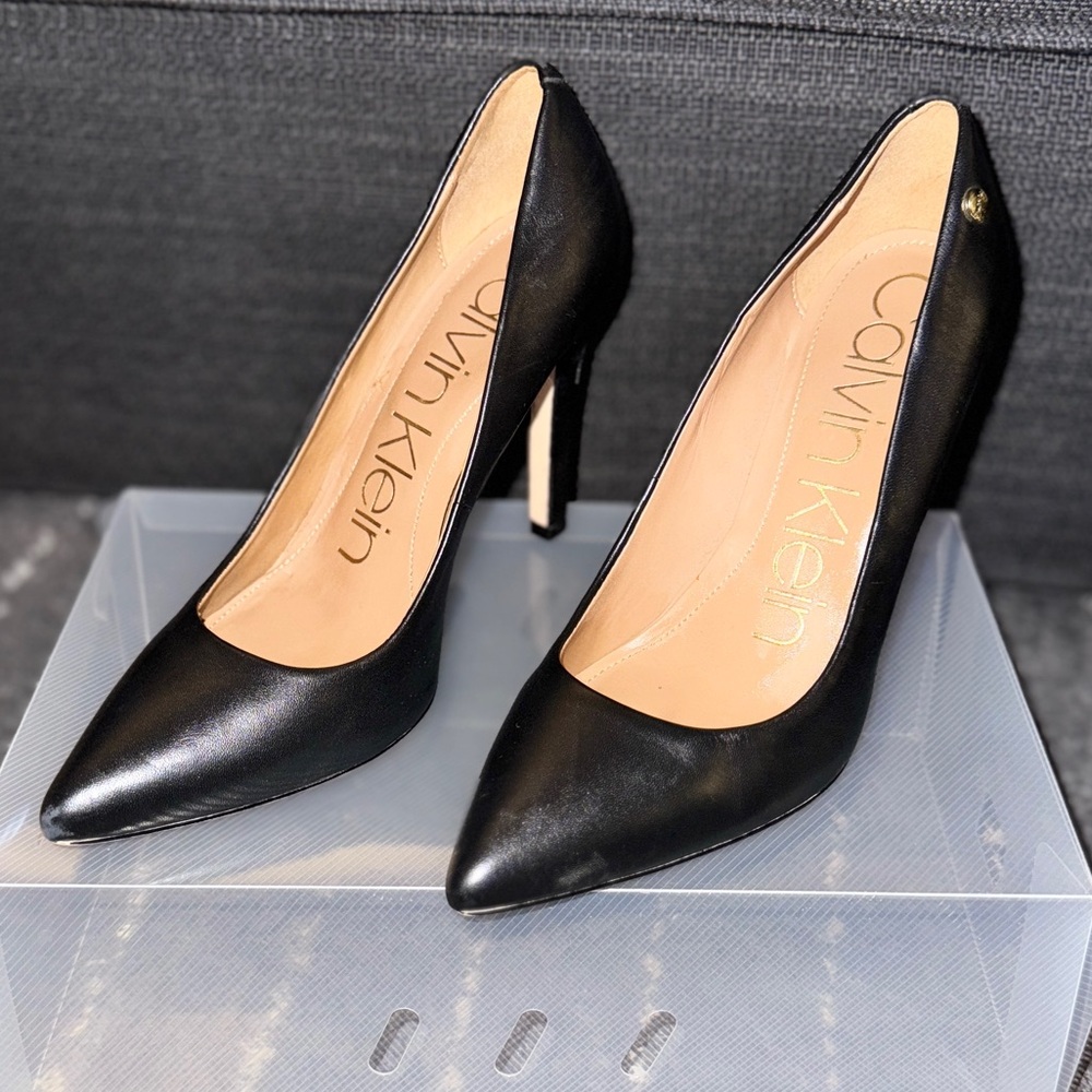 Calvin Klein Black Leather Pointed Toe Stiletto Heels